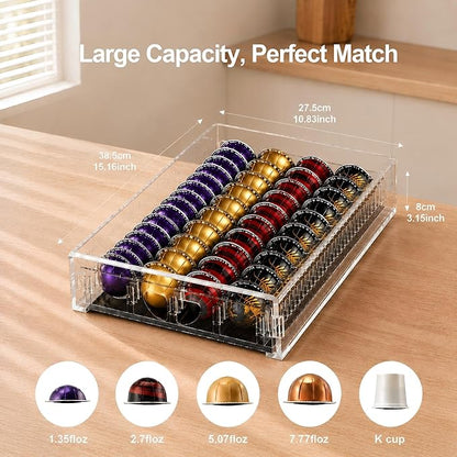 Coffee Pod Drawer Organizer for Nespresso Vertuo Pods,Acrylic Coffee Pod Holder Holds 40 Large or 60 Small Capsules or 28 K-Cups,Pull-Out Drawer with Anti-Slip Base for Home & Office,Matte Black
