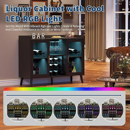 Garvee Modern Wine Bar Cabinet with LED Light, Wood Kitchen Coffee Bar Home Liquor Cabinets with Glass Holder, Doors and Wine Racks Buffet Sideboard with Storage for Living Room