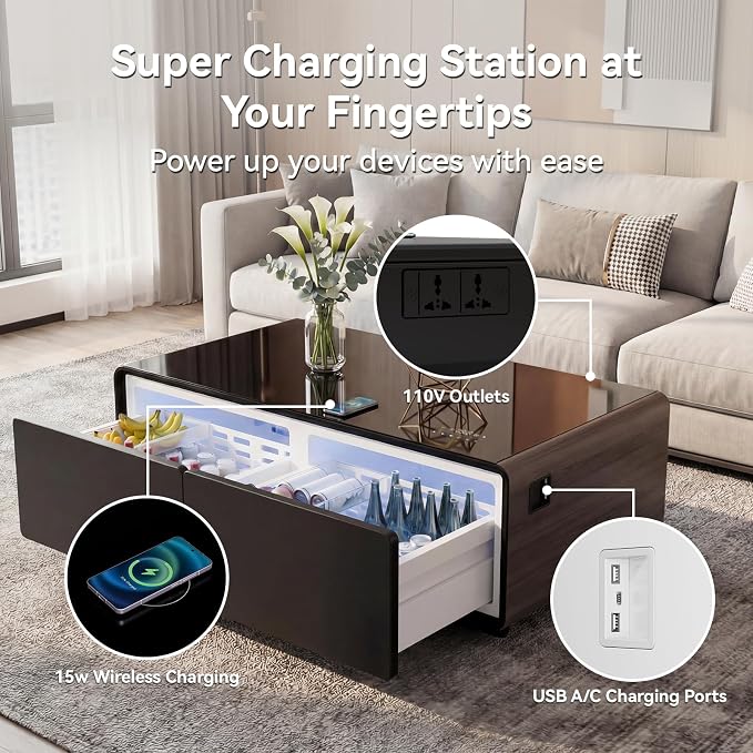 LIVTAB Smart Coffee Table, 27.8" D x 51" W x 18.1" H, Living Room Table with Built in Fridge and Speakers, Smart Table with 15W Wireless Charging, USB Chargers and 110V Outlets (Brown)