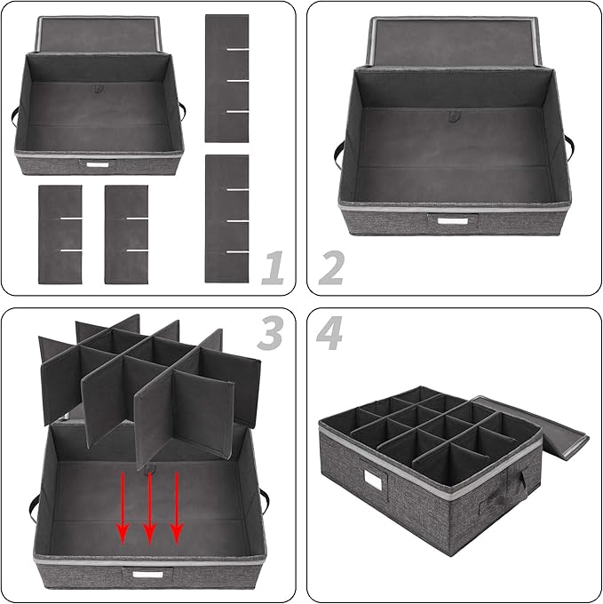 popoly Mug Storage Box with dividers, China Coffee Cup Storage Containers with Zipper Lid and Rivet Reinforced Handles, Holds 12 Coffee Mugs and Tea Cups, Structured Top and Stackable (Grey)