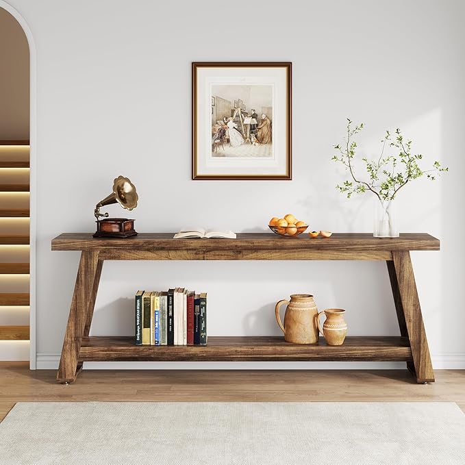70.87-Inch Console Table for Entyrway, Extra Long Sofa Table Behind Couch, Farmhouse 2-Tier Entry Table for Hallway, Foyer, Rustic Brown