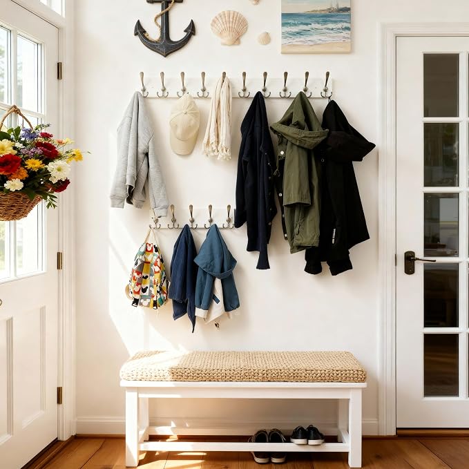 SKOLOO Creations White Solid Wood Wall Mounted Coat Rack, 5 Hooks, 16-7/8" Long - Kitchen, Mudroom, Entryway, Bathroom - Includes Mounting Hardware, Wall Coat Hanger, Towel Rack, Pack of 2