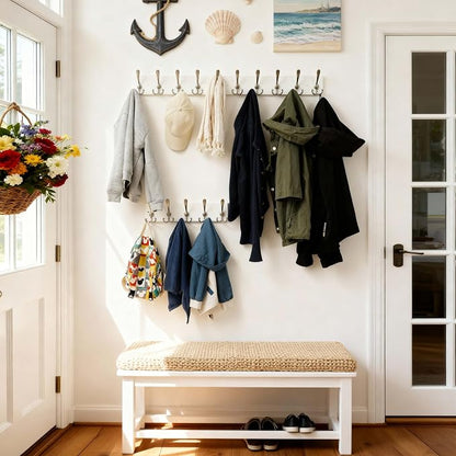 SKOLOO Creations White Solid Wood Wall Mounted Coat Rack, 10 Hooks, 38-1/8" Long - Kitchen, Mudroom, Entryway, Bathroom - Includes Mounting Hardware, Wall Coat Hanger, Towel Rack, Pack of 2