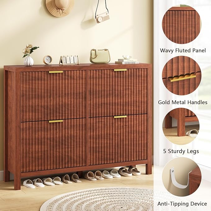 Shoe Cabinet Storage for Entryway, Fluted Walnut Shoe Cabinet with 4 Flip Drawers, Hidden Shoe Rack Freestanding Wooden Shoe Organizer with Legs for Hallway