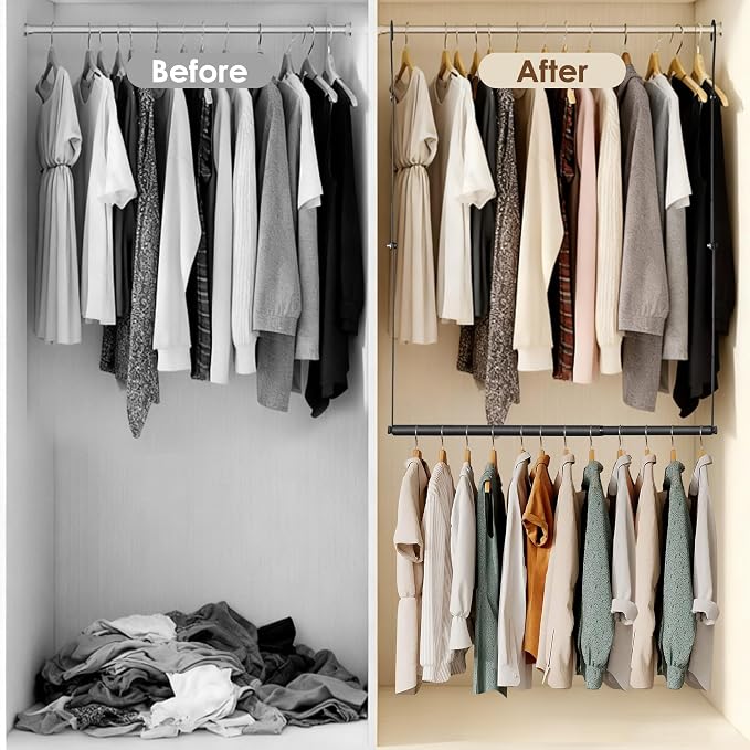 Closet Rod Extenders - Black Adjustable Closet Hanging Rod, Width & Height Expandable Clothes Rod, Space-Saving Closet Organizer for Hanging Clothes, Easy Installation, 1 Pack