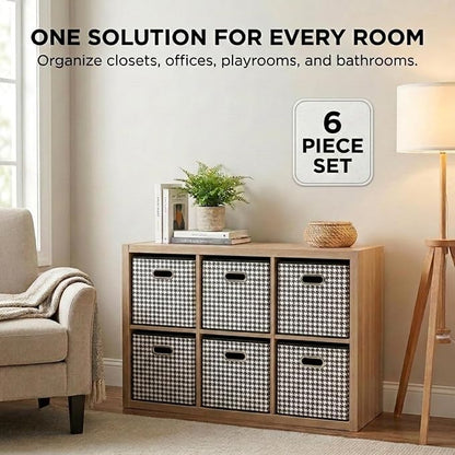 Household Essentials Foldable Fabric Storage Cubes 6-Pack – 11x11x11 Stackable Non-Woven Bins with Chipboard Sides & Grommet Handles – Closet, Shelf, Nursery, or Office Organizer – Houndstooth