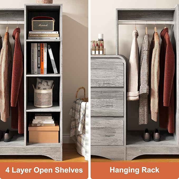 Dresser with Clothes Hanging Rack, Pre-Installed Slides for Fast Installation, 3-in-1 Wardrobe Closet with Drawers and Shoe Shelves, Modern Wood Storage Armoire for Bedroom, Grey