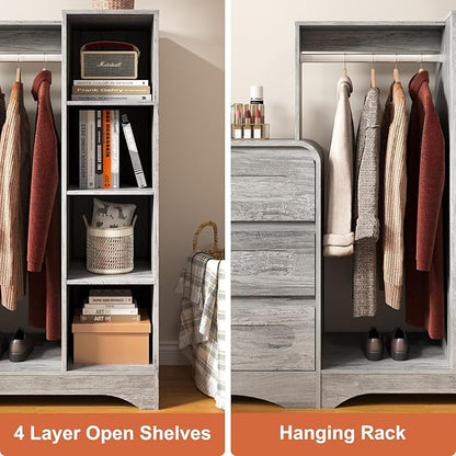 Dresser with Clothes Hanging Rack, Pre-Installed Slides for Fast Installation, 3-in-1 Wardrobe Closet with Drawers and Shoe Shelves, Modern Wood Storage Armoire for Bedroom, Grey