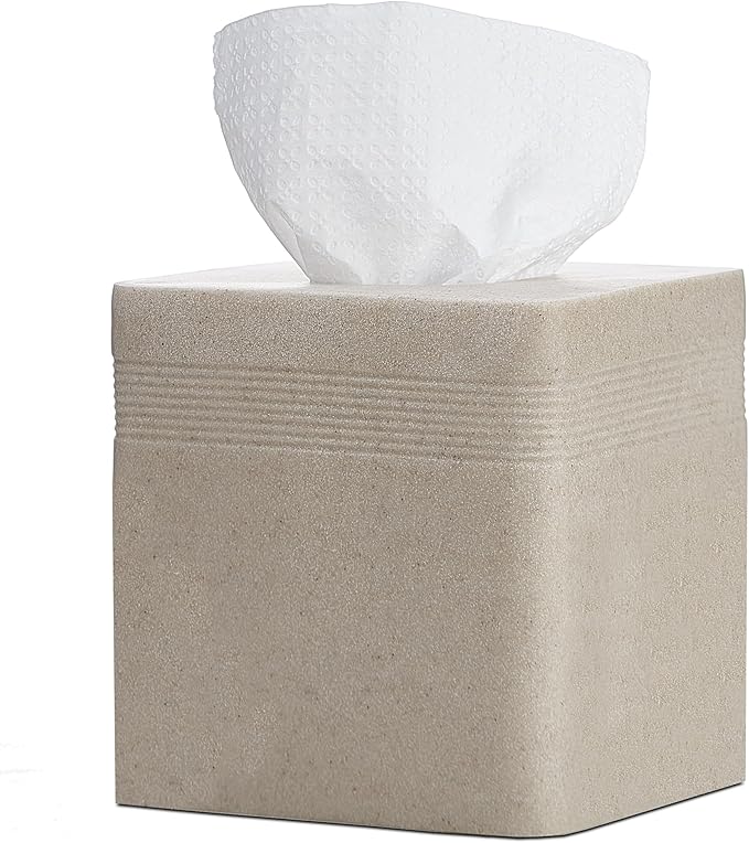 Beige Sandstone Tissue Box Cover Square for Home Decor,Resin Heavy Tissue Box Holder for Bathroom Countertop,Tabletop,Bedside Table,Office (Handmade of Resin)