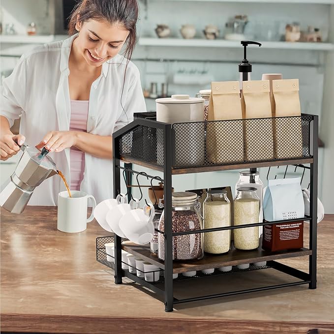 Homsorout Coffee Bar Organizer - Countertop Coffee Station, 42 K Cup holder Storage Basket with Drawer and Hooks for Syrup, Cups, Stirrer, Condiment, Tea Organizer, Black and Brown