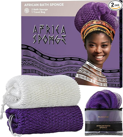 African Net Sponge Authentic - 2 Pieces Exfoliating Body Scrubber Bath Sponge - Back Scrubber Washcloth for Shower White&Purple - Real African Scrub Exfoliator Body Care Bathing Accessorie