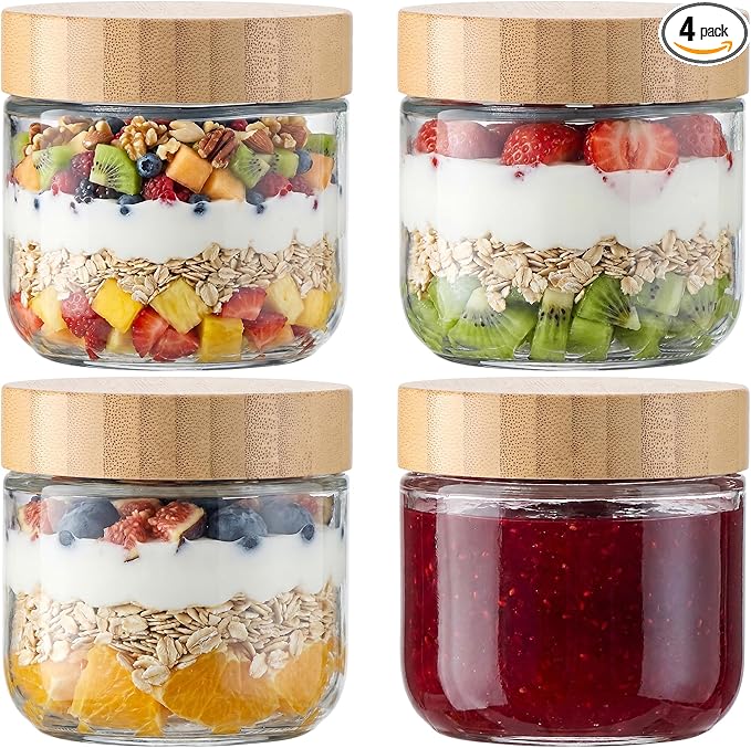 Vtopmart 4 Pack 10oz Glass Overnight Oats Containers with Bamboo Lids, Portable Wide Mouth Glass Jars Leak Proof, Reusable Food Storage Containers for Meal Prep, Jam, Sauce, Salad Dressing, and Snacks