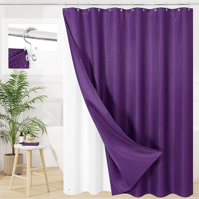 3 in 1 Shower Curtain Set, Purple Waffle Shower Curtain and PEVA Liner Set with 12 Stainless Steel Shower Curtain Hooks, Waterproof Fabric Shower Curtains for Bathroom, 72 W x 72 H