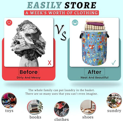 Autism Awareness Doodles Laundry Basket Foldable With Handles ColorfulTote Bag Oxford Cloth Funny Laundry Hamper Clothe Storage Bucket Toy Organizer 18.9"x16.5"For Bathroom/Laundry/Bedroom