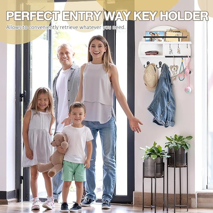 kuaima Key Holder Wall Mount, Round Wooden Key Rack with Shelf, Sunglasses Hanger, Storage Box, Multi Hooks, 12 Inch, White and Black