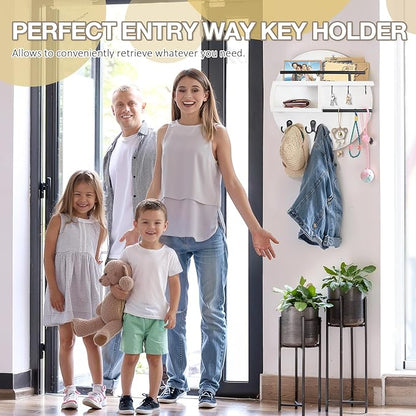 kuaima Key Holder Wall Mount, Round Wooden Key Rack with Shelf, Sunglasses Hanger, Storage Box, Multi Hooks, 12 Inch, White and Black