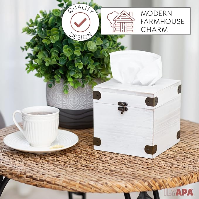 Ilyapa 5 x 6 Rustic Tissue Box Holder - Hinged Lid Tissue Dispenser for Bathroom Living Room Bedroom - White Weathered Wood
