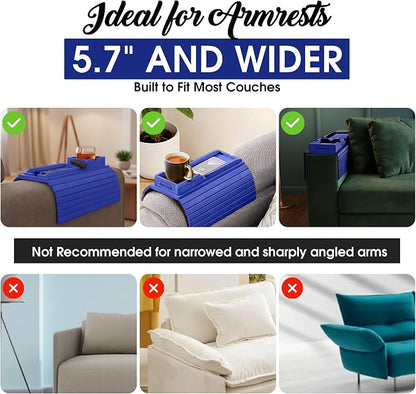Couch Cup Holder Tray with 2 Cork Coasters, Couch Arm Tray, 2 in 1 Anti-Slip Foldable Sofa Arm Tray, Couch Armrest Table, Anti-Spill Couch Arm Table for Drinks TV Remote Cellphone Snacks (Blue)