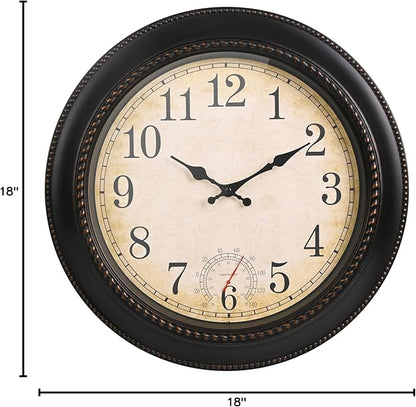 Outdoor Clock 18 Inch Large Wall Clocks with Thermometer for Living Room Patio Pool Garden-Retro Style (Bronze)