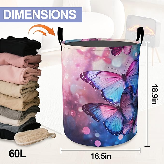 Purple Lavender Laundry Basket, Butterfly Oxford Cloth Laundry Hamper With Handle Foldable Portable Clothes Storage Basket Storage Bag For Laundry Room/Bathroom/Bedroom/Dormitories
