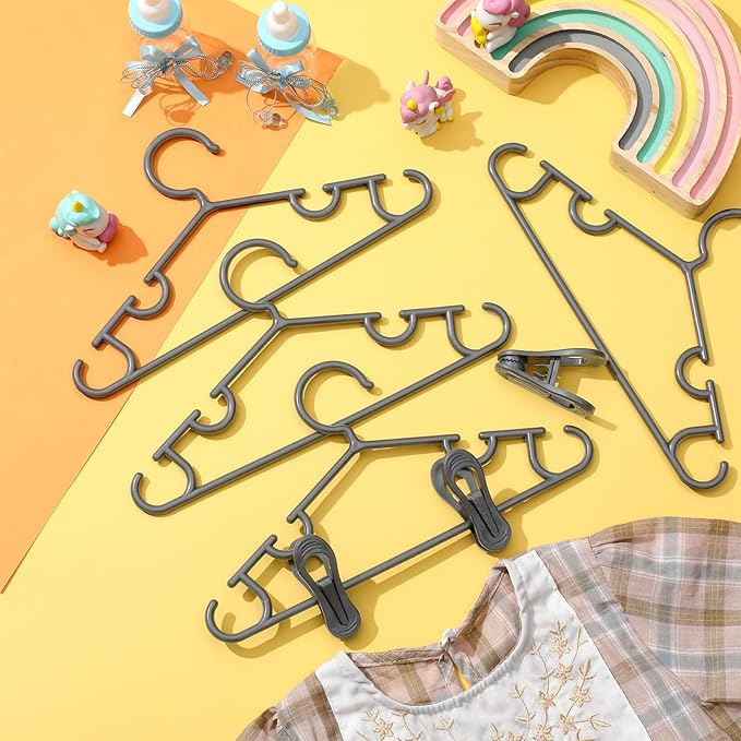 Hsei 5/10/40 Pack Baby Hangers with 10/20/80 Clips, Plastic Kids Pants Hangers for Nursery Closet Top and Bottom Clothes Hanger Set for Newborn Infant Toddler(15 Packs Total,Gray,10.6 Inch)