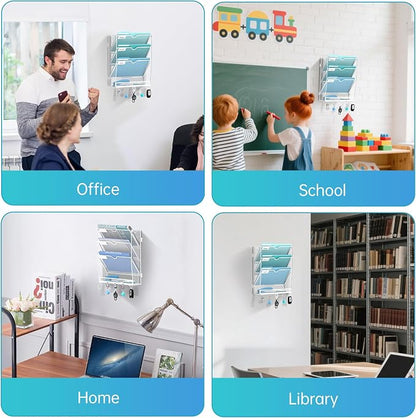 Wall File Organizer - Hanging File Organizer with 5 Hooks, Mail Holder Wall Mounted for Papers, Folders, Magazines, Bills, 4 Tier Office&School Organization, White