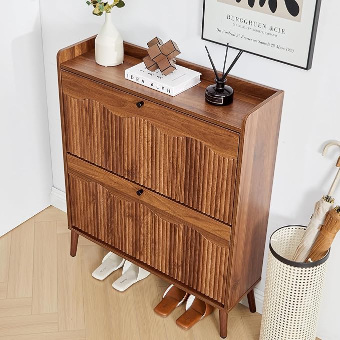 Shoe Storage Cabinet with 2 Flip Doors, 31.5" Narrow Fluted Design for Space Saving, Freestanding Entryway Shoe Organizer for Hallway & Living Room (Walnut)