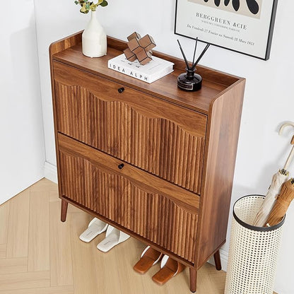 Shoe Storage Cabinet with 2 Flip Doors, 31.5" Narrow Fluted Design for Space Saving, Freestanding Entryway Shoe Organizer for Hallway & Living Room (Walnut)