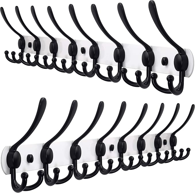 Dseap Coat Rack Wall Mount - 29.5” Long 8-Tri-Hooks Heavy Duty Coat Hanger Rail Wall Hooks for Hanging Coats Hats Clothing Clothes Purse Mudroom Entryway, White & Black, Pack of 2