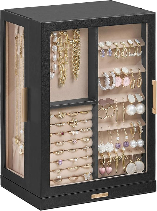 Glimmloop 360° Rotating Jewelry Box with 7 Drawers, Spacious Vertical Jewelry Organizer with Glass Window, Jewelry Storage Case, Dustproof & Moisture-resistant Design, Black