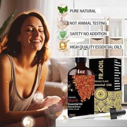 Myrrh Essential Oil, Myrrh Oil 4 Fl Oz 120ML for Diffuser Humidifier Yoga Cleaning DIY Candle Soap Making Perfume Gift for Women Essential Oils FRAOIL (Myrrh 4 Fl Oz (Pack of 1))