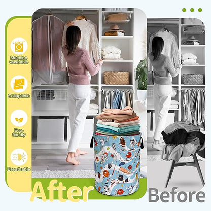 Ball Sports Laundry Basket Funny Balls Game Foldable Waterproof Oxford Cloth Tote Bag Laundry Hamper Round Large Clothes Storage Bucket Toy Organizer For Bathroom/Laundry Storage/Bedroom 18.9x16.5 In