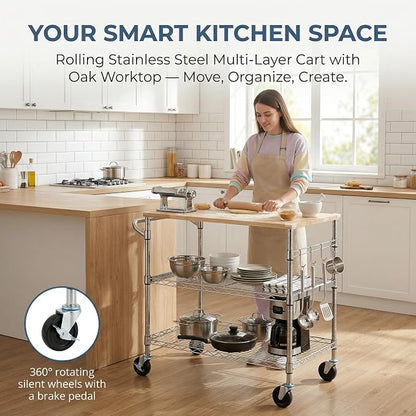 Finnhomy 3-Tier Rolling Kitchen Cart with 18" D x 36" W Oak Wood Tabletop, Kitchen Island Cart with 4" Wheels and Slider Shelf, Microwave Cart & Coffee Cart with Hooks for Dining Room, Chrome
