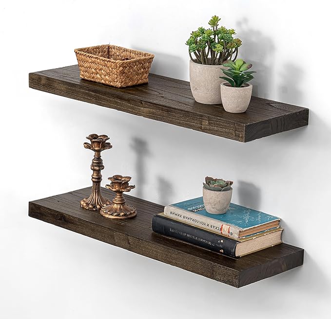Dreamland 24 Inch Floating Shelves, Rustic Elm Wood Wall Shelf for Home Decor, 8 Inch Deep Floating Shelf for Wall, 24 x 8 Bathroom Shelves Set of 2, Walnut Color