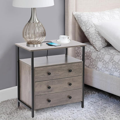 3 Wooden Drawers Night Stand, 27 Inch Wide Nightstand with Charging Station and Adjustable Drawers, Small Dresser for Closet, Bedside Table for Living Room/Bedroom/Office, Gray.
