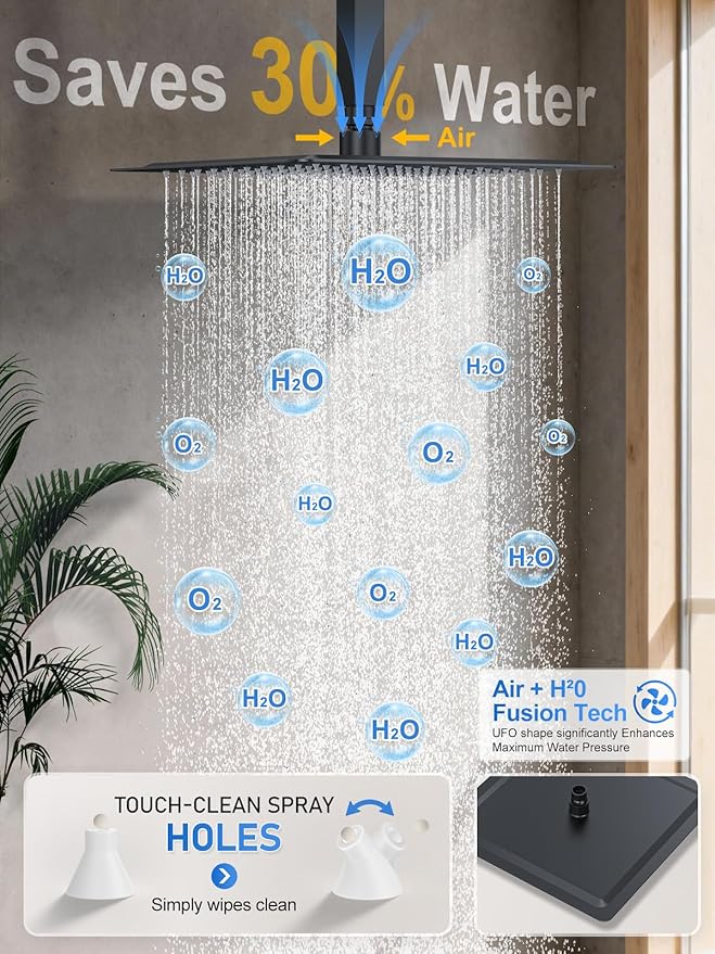 Shower Faucet Set, 10" Ceiling Mount Rainfall Shower System with 10'' Top Head+6'' Side Head and Multi-function Handheld Head Push Button Diverter Shower Faucet Trim Kit Matte Black