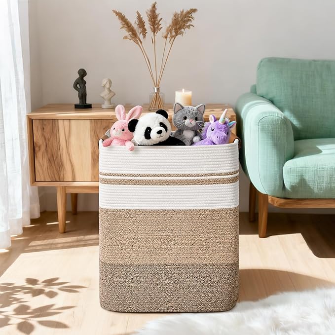 Laundry Hamper, 95L Tall Laundry Basket with Leather Handles, Rectangle Large Clothes Hamper for Organizing, Cotton Woven Laundry Baskets Storage Hampers for Bedroom, Nursery, Living Room