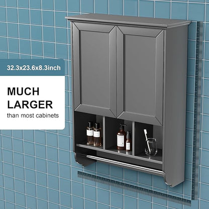 Bathroom Wall Cabinet with Towel Bar,Wooden Medicine Cabinet Adjustable Shelves,23x32 Inch Kitchen Cabinet,Over Toilet Storage Cabinet for Bathroom,Kitchen,Laundry
