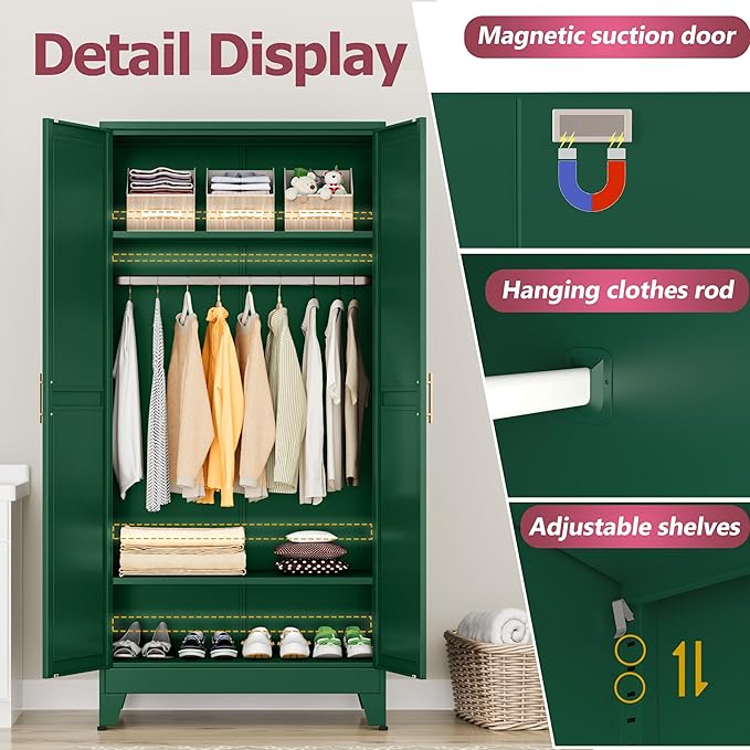 Metal Wardrobe Cabinet with Hanging Rod, 71" Metal Clothing Storage Cabinets with 2 Doors and Adjustable Shelves, Green Armoire Wardrobe Closet for Bedroom, Laundry Room, Cloak Room