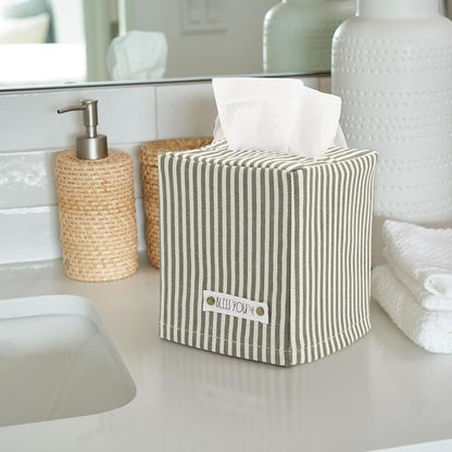 Stylish Tissue Box Cover - This Sage Striped Linen Holder Instantly Covers Your Square Tissue Boxes - The Perfect Cube Cover for Your Bathroom and Home