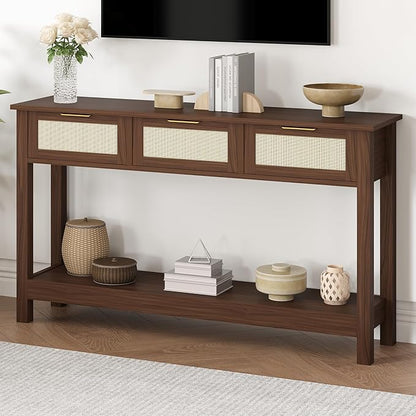 Luoxiao Console Table for Entryway with 3 Rattan Drawers Boho Entry Table with Storage Open Shelf, Narrow Long Sofa Tables for Living Room, Hallway, Foyer, Couch, Front Door, Walnut, 47 Inch