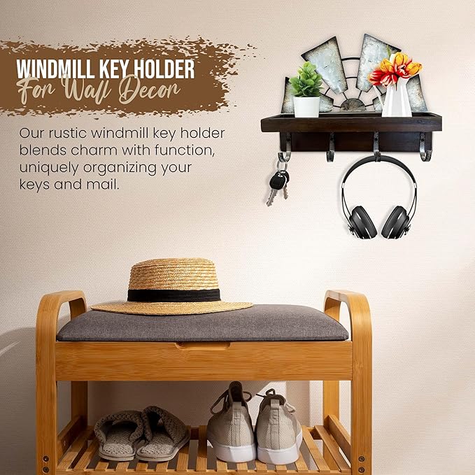Windmill Key Holder Wall Mount, Decorative Wall Mounted Key and Mail Rack with Shelf, Farmhouse Wall Decor, 4 Rustic Key Hooks for Coats & Keys, Brown Key Holder