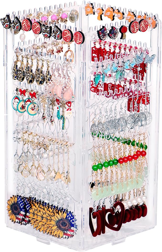 17Dec 360 Rotating Earring Holder Organizer Stand,5 Tiers Acrylic Jewelry Organizers and Storage,Stud Earring Organizers and Storage,212 Holes and 212 Grooves for Earrings Necklaces chain bracelet
