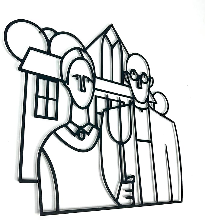Modern American Gothic Wall Art - Unique Line Art Home Decor for Living Room and Bedroom - Stylish Farmhouse Wall Decor, Artistic Metal Wall Sculpture, Gift for Art Lovers and Homeowners (18 x 17 inches)