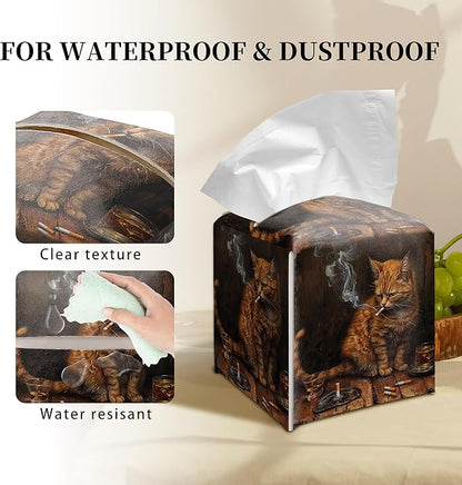 Grace Yonks Cute Cat Tissue Box Cover Square, Smoking Cat Cube Case for Facial Tissues, 5.2" PU Leather(067)