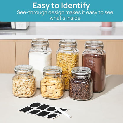 Vtopmart 78oz Glass Food Storage Jars with Airtight Clamp Lids, 3 Pack Large Kitchen Canisters for Flour, Sugar, Cereal, Coffee, Pasta and Canning, Square Mason Jars with 8 Reusable Labels