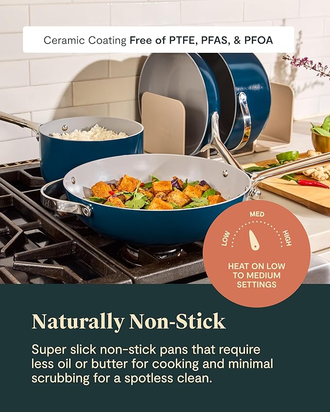 Caraway 24-Piece Nonstick Ceramic Cookware Set - Includes Fry Pans, Sauce, Sauté Pan, Dutch Oven, Petite Cooker, Stir Fry, Rondeau, Stock Pot, Lids & Storage Organizers - Navy
