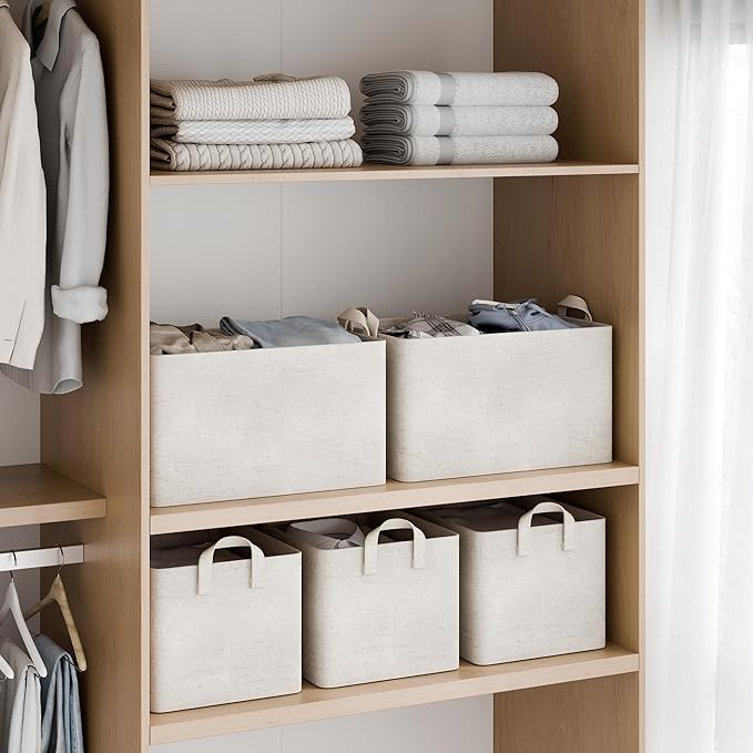 StorageWorks Storage Bins, Shelves Baskets for Organizing, Large Fabric Closet Organizers with Handles, Metal Frame, Beige?Cotton-linen?, 2-Pack