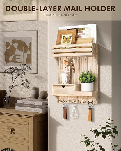 Rebee Vision Decorative Key Holder Wall Mount with Mini Drawer Organizer - Farmhouse Key Holder for Wall with Mail Organizer & 9 Key Hooks - Ideal Room Decor Aesthetic (Natural Wood)