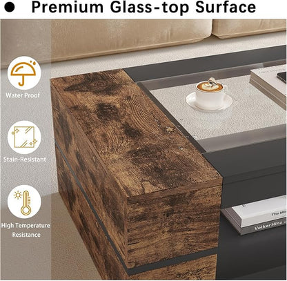 HedoAjim 47.2" Modern Stylish Coffee Table with Glass Table Top, Large Living Room Table Rectangular 2-Tier Center Tables with Storage, Wood Cocktail Tea Tables for Dining Reception Room (Rustic)